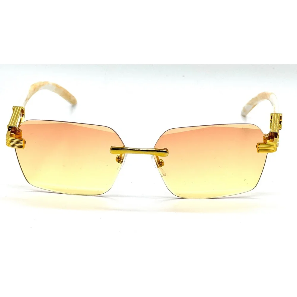 Mens‎ Rimless Rectangle Sunglasses Gold Metal Frame Cream Marble Gradient Lens